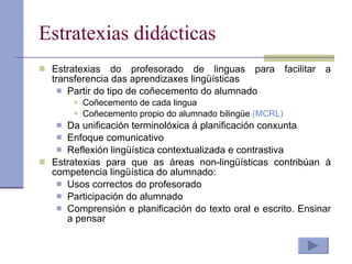 Estratexias didácticas Estratexias do profesorado de linguas para facilitar a transferencia das aprendizaxes lingüísticas Partir do tipo de coñecemento do alumnado Coñecemento de cada lingua  Coñecemento propio do alumnado bilingüe  (MCRL) Da unificación terminolóxica á planificación conxunta Enfoque comunicativo Reflexión lingüística contextualizada e contrastiva Estratexias para que as áreas non-lingüísticas contribúan á competencia lingüística do alumnado: Usos correctos do profesorado Participación do alumnado Comprensión e planificación do texto oral e escrito. Ensinar a pensar 
