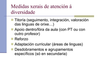 Medidas xerais de atención á diversidade Titoría (seguimento, integración, valoración das linguas de orixe…) Apoio dentro/fóra da aula (con PT ou con outro profesor) Reforzo Adaptación curricular (áreas de linguas) Desdobramentos e agrupamentos específicos (só en secundaria) 
