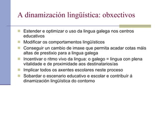 A dinamización lingüística : obxectivos Estender e optimizar o uso da lingua galega nos centros educativos Modificar os comportamentos lingüísticos Conseguir un cambio de imaxe que permita acadar cotas máis altas de prestixio para a lingua galega Incentivar o ritmo vivo da lingua: o galego = lingua con plena vitalidade e de proximidade aos destinatarios/as Implicar todos os axentes escolares neste proceso Sobardar o escenario educativo e escolar e contribuír á dinamización lingüística do contorno 