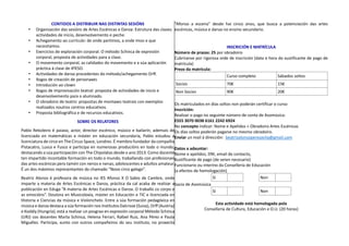 CONTIDOS A DISTRIBUIR NAS DISTINTAS SESIÓNS
• Organización das sesións de Artes Escénicas e Danza: Estrutura das clases:
actividades de inicio, desenvolvemento e peche.
• Achegamento ao currículo: de onde partimos, a onde imos e que
necesitamos.
• Exercicios de exploración corporal. O método Schinca de expresión
corporal, proposta de actividades para a clase.
• O movemento corporal, as calidades do movemento e a súa aplicación
práctica á clase de 4ºESO.
• Actividades de danza procedentes do método/achegamento Orff.
• Xogos de creación de personaxes
• Introdución ao clown
• Xogos de improvisación teatral: proposta de actividades de inicio e
desenvolvemento para o alumnado.
• O obradoiro de teatro: propostas de montaxes teatrais con exemplos
realizados noutros centros educativos.
• Proposta bibliográfica e de recursos educativos.
SOBRE OS RELATORES
Pablo Reboleiro é paiaso, actor, director escénico, músico e bailarín; ademais de
licenciado en matemáticas e máster en educación secundaria, Pablo estudou a
licenciatura de circo en The Circus Space, Londres. É membro fundador da compañía
Pistacatro, Lusco e Fusco e participa en numerosas producións en todo o mundo,
destacando a súa participación con The Chipolatas desde o ano 2013. Como docente
ten impartido incontable formación en todo o mundo, traballando con profesionais
das artes escénicas pero tamén con nenos e nenas, adolescentes e adultos amateur.
É un dos máximos representantes do chamado “Novo circo galego”.
Beatriz Alonso é profesora de música no IES Afonso X O Sabio de Cambre, onde
imparte a materia de Artes Escénicas e Danza, práctica da cal acaba de realizar a
publicación en Eduga “A materia de Artes Escénicas e Danza. O traballo co corpo e
as emocións”. Doutora en Musicoloxía, máster en Educación e TIC e licenciada en
Historia e Ciencias da música e Violonchelo. Entre a súa formación pedagóxica en
música e danza destaca a súa formación nos Institutos Dalcroze (Suiza), Orff (Austria)
e Kodály (Hungría); está a realizar un posgrao en expresión corporal Método Schinca
(URJ) cos docentes Marta Schinca, Helena Ferrari, Rafael Ruiz, Ana Pérez e Paula
Miguélez. Participa, xunto con outros compañeiros do seu instituto, no proxecto
“Afonso a escena” desde hai cinco anos, que busca a potenciación das artes
escénicas, música e danza no ensino secundario.
INSCRICIÓN E MATRÍCULA
Número de prazas: 25 por obradoiro
Cubriranse por rigorosa orde de inscrición (data e hora do xustificante de pago de
matrícula)
Prezo da matrícula:
Curso completo Sábados soltos
Socios 70€ 15€
Non Socios 90€ 20€
Os matriculados en días soltos non poderán certificar o curso
Inscrición:
Realizar o pago no seguinte número de conta de Asomúsica:
ES55 3070 0038 6161 2242 6924
No concepto indicar: Nome e Apelidos + Obradoiro Artes Escénicas
Os días soltos poderán pagarse no mesmo obradoiro.
Enviar un mail á dirección: beatrizalonsoperezavila@gmail.com
Datos a adxuntar:
Nome e apelidos, DNI, email de contacto,
Xustificante de pago (de seren necesario)
Funcionario ou interino da Consellería de Educación
(a efectos de homologación)
Sí Non
Socio de Asomúsica
Sí Non
Esta actividade está homologada pola
Consellería de Cultura, Educación e O.U. (20 horas)
 