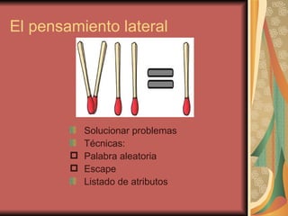El pensamiento lateral




          Solucionar problemas
          Técnicas:
         Palabra aleatoria
         Escape
          Listado de atributos
 