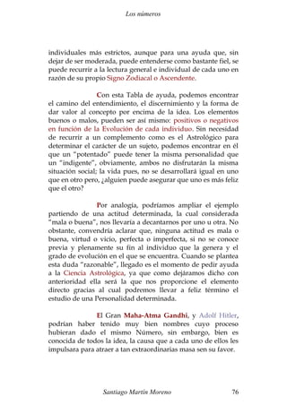 Los números 
individuales más estrictos, aunque para una ayuda que, sin 
dejar de ser moderada, puede entenderse como bastante fiel, se 
puede recurrir a la lectura general e individual de cada uno en 
razón de su propio Signo Zodiacal o Ascendente. 
Con esta Tabla de ayuda, podemos encontrar 
el camino del entendimiento, el discernimiento y la forma de 
dar valor al concepto por encima de la idea. Los elementos 
buenos o malos, pueden ser así mismo: positivos o negativos 
en función de la Evolución de cada individuo. Sin necesidad 
de recurrir a un complemento como es el Astrológico para 
determinar el carácter de un sujeto, podemos encontrar en él 
que un “potentado” puede tener la misma personalidad que 
un “indigente”, obviamente, ambos no disfrutarán la misma 
situación social; la vida pues, no se desarrollará igual en uno 
que en otro pero, ¿alguien puede asegurar que uno es más feliz 
que el otro? 
Por analogía, podríamos ampliar el ejemplo 
partiendo de una actitud determinada, la cual considerada 
“mala o buena”, nos llevaría a decantarnos por uno u otra. No 
obstante, convendría aclarar que, ninguna actitud es mala o 
buena, virtud o vicio, perfecta o imperfecta, si no se conoce 
previa y plenamente su fin al individuo que la genera y el 
grado de evolución en el que se encuentra. Cuando se plantea 
esta duda “razonable”, llegado es el momento de pedir ayuda 
a la Ciencia Astrológica, ya que como dejáramos dicho con 
anterioridad ella será la que nos proporcione el elemento 
directo gracias al cual podremos llevar a feliz término el 
estudio de una Personalidad determinada. 
El Gran Maha-Atma Gandhi, y Adolf Hitler, 
podrían haber tenido muy bien nombres cuyo proceso 
hubieran dado el mismo Número, sin embargo, bien es 
conocida de todos la idea, la causa que a cada uno de ellos les 
impulsara para atraer a tan extraordinarias masa sen su favor. 
Santiago Martín Moreno 76 
 