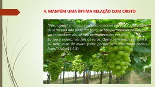 4. MANTÉM UMA ÍNTIMA RELAÇÃO COM CRISTO
“Permanecei em mim, e eu permanecerei em vós; como a vara
de si mesma não pode dar fruto, se não permanecer na videira,
assim também vós, se não permanecerdes em mim.
Eu sou a videira; vós sois as varas. Quem permanece em mim e
eu nele, esse dá muito fruto; porque sem mim nada podeis
fazer.” (João 15:4,5)
 
