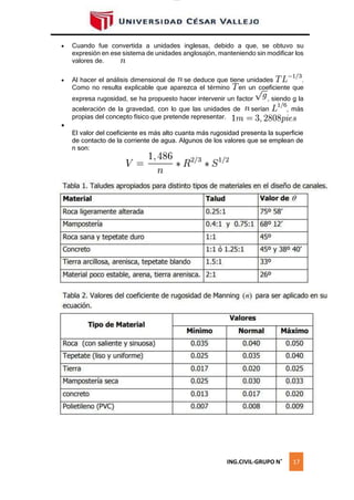 lOMoAR cPSD|16328015
 Cuando fue convertida a unidades inglesas, debido a que, se obtuvo su
expresión en ese sistema de unidades anglosajón, manteniendo sin modificar los
valores de.
 Al hacer el análisis dimensional de se deduce que tiene unidades .
Como no resulta explicable que aparezca el término en un coeficiente que
expresa rugosidad, se ha propuesto hacer intervenir un factor , siendo g la
aceleración de la gravedad, con lo que las unidades de serían , más
propias del concepto físico que pretende representar.

El valor del coeficiente es más alto cuanta más rugosidad presenta la superficie
de contacto de la corriente de agua. Algunos de los valores que se emplean de
n son:
ING.CIVIL-GRUPO N˚ 17
 