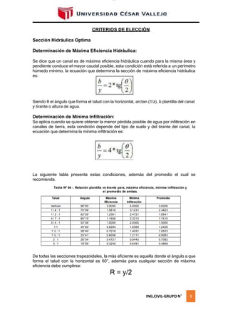 lOMoAR cPSD|16328015
CRITERIOS DE ELECCIÓN
Sección Hidráulica Optima
Determinación de Máxima Eficiencia Hidráulica:
Se dice que un canal es de máxima eficiencia hidráulica cuando para la misma área y
pendiente conduce el mayor caudal posible, esta condición está referida a un perímetro
húmedo mínimo, la ecuación que determina la sección de máxima eficiencia hidráulica
es:
Siendo θ el ángulo que forma el talud con la horizontal, arctan (1/z), b plantilla del canal
y tirante o altura de agua.
Determinación de Mínima Infiltración:
Se aplica cuando se quiere obtener la menor pérdida posible de agua por infiltración en
canales de tierra, esta condición depende del tipo de suelo y del tirante del canal, la
ecuación que determina la mínima infiltración es:
La siguiente tabla presenta estas condiciones, además del promedio el cual se
recomienda.
De todas las secciones trapezoidales, la más eficiente es aquella donde el ángulo a que
forma el talud con la horizontal es 60°, además para cualquier sección de máxima
eficiencia debe cumplirse:
R = y/2
ING.CIVIL-GRUPO N˚ 9
 