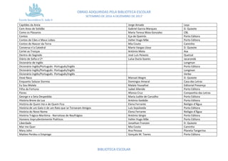OBRAS ADQUIRIDAS PELA BIBLIOTECA ESCOLAR
SETEMBRO DE 2016 A DEZEMBRO DE 2017
Escola Secundária D. João II
BIBLIOTECA ESCOLAR
Capitães da Areia Jorge Amado Leya
Cem Anos de Solidão Gabriel Garcia Marquez D. Quixote
Como os Pássaros Maria Teresa Maia Gonzalez CBL
Contos Eça de Queirós Porto Editora
Contos de Cães e Maus Lobos Valter Hugo Mãe Porto Editora
Contos do Nascer da Terra Mia Couto Caminho
Conversa n’a Catedral Mario Vargas Llosa D. Quixote
Cortei as Tranças António Mota Asa
Dentro do Segredo José Luís Peixoto Quetzal
Diário de Sofia e Cª Luísa Ducla Soares Jacarandá
Dicionário de Inglês Longman
Dicionário Inglês/Português -Português/Inglês Porto Editora
Dicionário Inglês/Português -Português/Inglês Longman
Dicionário Inglês/Português -Português/Inglês Verbo
Doze Naus Manuel Alegre D. Quixote
Enquanto Salazar Dormia Domingos Amaral Casa das Letras
Eu Sou Malala Malala Yousafzai Editorial Presença
Filha da Fortuna Isabel Allende Porto Editora
Flores Afonso Cruz Companhia das Letras
George e a Seta Despedida Maria Judite de Carvalho Porto Editora
História Breve da Lua António Gedeão Porto Editora
História de Quem Vai e de Quem Fica Elena Ferrante Relógio d’Água
História de um Gato e de um Rato que se Tornaram Amigos Luís Sepúlveda Porto Editora
História do Novo Nome Elena Ferrante Relógio d’Água
História Trágico-Marítima - Narrativas de Naufrágios António Sérgio Porto Editora
Homens Imprudentemente Poéticos Valter Hugo Mãe Porto Editora
Liberdade Jonathan Franzen D. Quixote
Mar me Quer Mia Couto Caminho
Mary John Ana Pessoa Planeta Tangerina
Matteo Perdeu o Emprego Gonçalo M. Tavres Porto Editora
 