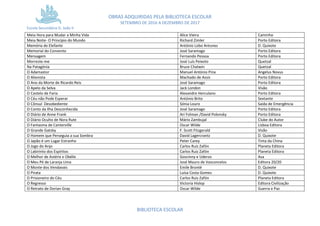 OBRAS ADQUIRIDAS PELA BIBLIOTECA ESCOLAR
SETEMBRO DE 2016 A DEZEMBRO DE 2017
Escola Secundária D. João II
BIBLIOTECA ESCOLAR
Meia Hora para Mudar a Minha Vida Alice Vieira Caminho
Meia Noite- O Princípio do Mundo Richard Zimler Porto Editora
Memória de Elefante António Lobo Antunes D. Quixote
Memorial do Convento José Saramago Porto Editora
Mensagem Fernando Pessoa Porto Editora
Morreste-me José Luís Peixoto Quetzal
Na Patagónia Bruce Chatwin Quetzal
O Adamastor Manuel António Pina Angelus Novus
O Alienista Machado de Assis Porto Editora
O Ano da Morte de Ricardo Reis José Saramago Porto Editora
O Apelo da Selva Jack London Visão
O Castelo de Faria Alexandre Herculano Porto Editora
O Céu não Pode Esperar António Brito Sextante
O Cônsul Desobediente Sónia Louro Saída de Emergência
O Conto da Ilha Desconhecida José Saramago Porto Editora
O Diário de Anne Frank Ari Folman /David Polonsky Porto Editora
O Diário Oculto de Nora Rute Mário Zambujal Clube do Autor
O Fantasma de Canterville Oscar Wilde Lisboa Editora
O Grande Gatsby F. Scott Fitzgerald Visão
O Homem que Perseguia a sua Sombra David Lagercrantz D. Quixote
O Japão é um Lugar Estranho Peter Carey Tinta da China
O Jogo do Anjo Carlos Ruiz Zafón Planeta Editora
O Labirinto dos Espíritos Carlos Ruiz Zafón Planeta Editora
O Melhor de Astérix e Obélix Goscinny e Uderzo Asa
O Meu Pé de Laranja Lima José Mauro de Vasconcelos Editora 20/20
O Monte dos Vendavais Emile Brontë D. Quixote
O Pirata Luísa Costa Gomes D. Quixote
O Prisioneiro do Céu Carlos Ruiz Zafón Planeta Editora
O Regresso Victoria Hislop Editora Civilização
O Retrato de Dorian Gray Oscar Wilde Guerra e Paz
 