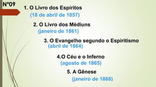 1. O Livro dos Espíritos
(18 de abril de 1857)
2. O Livro dos Médiuns
(janeiro de 1861)
(abril de 1864)
4.O Céu e o Inferno
(agosto de 1865)
5. A Gênese
(janeiro de 1868)
3. O Evangelho segundo o Espiritismo
Nº09
 