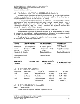LLAMADO A LICITACIÓN PÚBLICA NACIONAL E INTERNACIONAL 
Ministerio de Planificación Federal, Inversión Pública y Servicios 
Secretaria de Obras Públicas 
Subsecretaría de Recursos Hídricos 
A.2. A.2. ENSAYOS DE MATERIALES DE ESCOLLERAS. (Sección 7) 
Se deberán realizar ensayos periódicos de los materiales de yacimientos y/o canteras 
a utilizar en la construcción de los sectores de la presa a los fines de confirmar que se 
cumplen las especificaciones establecidas para los mismos. 
Los ensayos a realizar sobre materiales de yacimiento y sus características una vez 
colocados en la presa, se harán siguiendo las indicaciones del Engineer Manual 1110 -2 – 
2301 “Test quarries and test fills” (U.S. Army Corps of Enginners, 1994). 
Complementariamente, el EM 1110 – 2 – 2302 “Construction with large stone” también tiene 
criterios de evaluación de los bloques rocosos. 
La periodicidad de los ensayos será establecida por la Inspección. 
Para establecer los valores de densidad aparente de las distintas partes de la presa 
de escollera, su permeabilidad y parámetros de corte, el Contratista construirá un terraplén 
de pruebas siguiendo las indicaciones del manual citado anteriormente. 
A modo general se mencionan los aspectos más importantes que influyen en el grado 
de densificación de la escollera compactada: 
EQUIPO ASENTAMIENTO GRANULOMETRÍA RESISTENCIA 
Peso rodillo Total y especifico % finos, % gravas PARTÍCULAS 
Fuerza 
Tendencia con Nº 
aplicada 
pasadas 
Coeficiente de Unifor-midad 
Propiedades Índice 
Frecuencia de vibración Estabilidad interna Clasificación Marshall 
Amplitud de vibración Tamaño Máximo 
Velocidad 
NUMERO DE 
PASADAS 
ESPESOR CAPA INCORPORACIÓN 
DE AGUA 
ROTURA DE GRANOS 
A.3. ENSAYO DE MATERIALES FINOS 
CLÁUSULA MATERIAL ENSAYO FRECUENCIA NORMA 
2.2.4 Limos Humedad Natural 1000 m3 IRAM 10519 
y arcillosos Plasticidad 1000 m3 IRAM 10502 
7.4.3 plásticos Proctor Standard 1000 m3 IRAM 10511 
Permeabilidad 1000 m3 USBR E-13 
A.4. ENSAYOS DEL CEMENTO (Cláusula 2.5.) 
A.4.1.1. Generalidades. 
En esta cláusula depósito incluirá el significado de silo. 
APROVECHAMIENTO MULTIPROPÓSITO CHIHUIDO I 
TITULO III – Pliego de Especificaciones Técnicas 
Capítulo I – Obras Civiles 275 
 
