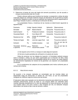 LLAMADO A LICITACIÓN PÚBLICA NACIONAL E INTERNACIONAL 
Ministerio de Planificación Federal, Inversión Pública y Servicios 
Secretaria de Obras Públicas 
Subsecretaría de Recursos Hídricos 
f) Determinar el tiempo de inicio del fragüe del cemento puzzolánico, que de acuerdo a 
ensayos anteriores del orden de 4 horas. 
Podrán utilizarse aditivos para fluidificar las mezclas. La proporción a utilizar de estos 
materiales deberá ser verificada mediante ensayos de laboratorio. No se permitirá el empleo 
de bentonita. Respecto al orden en que se realizarán las inyecciones será lo especificado en 
este Pliego indicado en plano u ordenado por la Dirección de Obra. 
Las propiedades físicas y mecánicas de las mezclas se determinarán siguiendo la 
siguiente tabla: 
Parámetro Unidad Aparato /método Aplicación Observaciones 
Densidad kg/m3 Balanza Baroid Campo/lab Frecuencia alta (1) 
Sedimentación % Probeta de medición Campo/lab Frecuencia alta (1) 
Viscosidad Marsh S Cono Marsh API Campo/lab Frecuencia alta (1) 
Resistencia final MPa ensayo de compresión 
simple Lab Frecuencia media (2) 
Tiempo de fragüe Min vane test, aguja Vicat Lab Frecuencia media (2) 
Cohesión Pa medidor de placa Lab Una vez por tipo de 
mezcla 
Viscosidad dinámica 
o aparente mPa.s Reómetro o 
viscosímetro coaxial Lab Una vez por tipo de 
mezcla 
(1) Se requiere como mínimo un ensayo en cada etapa de inyección. 
(2) Se toma muestra periódica de verificación en la planta de mezcla. 
Antes de comenzar con los trabajos de inyección, el Contratista realizará ensayos 
sobre la lechada a utilizar, los que serán supervisados por la Dirección de Obra. Estos 
ensayos servirán para confirmar las propiedades básicas de la mezcla, las cuales deberán 
ser estrictamente respetadas de manera tal de garantizar una inyección con propiedades 
constantes. 
El no cumplimiento de cualquiera de las propiedades será motivo suficiente para el 
rechazo de la mezcla. 
6.9.1.2. Vida útil de la mezcla 
De acuerdo a los ensayos realizados se comprobado que las mezclas deben ser 
desechadas luego de transcurrido un tiempo de 1,50 horas, ya que las propiedades 
reológicas se modifican luego de transcurrido ese tiempo. 
El laboratorio debe estar equipado con los elementos necesarios para determinar los valores 
indicados anteriormente, puntos (a) hasta (f). Los ensayos deben ser realizados sobre 
mezclas obtenidas directamente en el sitio de preparación en boca de barreno, se tomará 
una muestra cada 5 m3 como mínimo o dos muestras por día, se realizarán ensayos 
adicionales si se cambio el tipo o lote de cemento o aditivo. 
APROVECHAMIENTO MULTIPROPÓSITO CHIHUIDO I 
TITULO III – Pliego de Especificaciones Técnicas 
Capítulo I – Obras Civiles 91 
 