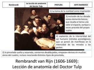 Rembrandt van Rijn (1606-1669):
Lección de anatomía del Doctor Tulp
1) La toma de la realidad como inspiración
2) la pincelada suelta y separada, contornos desdibujados, empastes densos en muchas
zonas del cuadro, incluso mezclando distintos tipos de pincelada,
3) inclusión de luz dorada
como elemento básico,
que resalta el tema y da
valor al espacio, aunque a
veces proceda del propio
sujeto
4) captación de la interioridad del
ser humano (retratos psicológicos),
que se ponen de manifiesto en la
intensidad de las miradas y los
gestos.
Rembrandt
La lección de anatomía
del doctor Tulp
PINTURA ARTE BARROCO
 