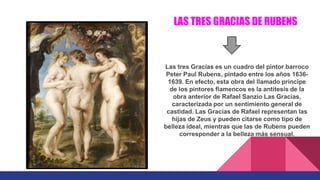 Las tres Gracias es un cuadro del pintor barroco
Peter Paul Rubens, pintado entre los años 1636-
1639. En efecto, esta obra del llamado príncipe
de los pintores flamencos es la antítesis de la
obra anterior de Rafael Sanzio Las Gracias,
caracterizada por un sentimiento general de
castidad. Las Gracias de Rafael representan las
hijas de Zeus y pueden citarse como tipo de
belleza ideal, mientras que las de Rubens pueden
corresponder a la belleza más sensual.
LAS TRES GRACIAS DE RUBENS
 