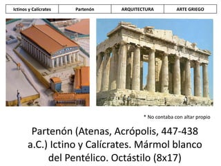 Partenón (Atenas, Acrópolis, 447-438
a.C.) Ictino y Calícrates. Mármol blanco
del Pentélico. Octástilo (8x17)
* No contaba con altar propio
Ictinos y Calícrates Partenón ARQUITECTURA ARTE GRIEGO
 