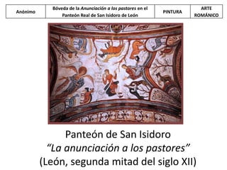 Panteón de San Isidoro
“La anunciación a los pastores”
(León, segunda mitad del siglo XII)
Anónimo
Bóveda de la Anunciación a los pastores en el
Panteón Real de San Isidoro de León
PINTURA
ARTE
ROMÁNICO
 