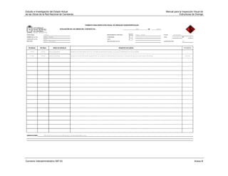 Estudio e Investigación del Estado Actual                                                                                                                                                                                                Manual para la Inspección Visual de
de las Obras de la Red Nacional de Carreteras                                                                                                                                                                                                        Estructuras de Drenaje



                                                                                                FORMATO PARA INSPECCIÓN VISUAL DE DRENAJES SUBSUPERFICIALES

                                                    EVALUACIÓN DE LAS OBRAS DEL CONTRATO No.                                                                                                576                    DE          2003


 TERRITORIAL:            Tolima                                                                                                          MANTENIMIENTO INTEGRAL:                            Fresno - Honda                            FECHA:       25/08/2006
 NOMBRE DE LA VÍA:       Fresno - Honda                                                                                                  CONCESIÓN:                                                                                   HOJA:            1        DE:             1
 CÓDIGO DE LA VÍA:       5007                                                                                                            A.M.V.:
 SECTOR:                 Fresno - Mariquita                                                                                              SECTOR ADM. VIAL No.:                                                                        LEVANTADO POR:            RPT



   PR INICIAL        PR FINAL           OBRA DE DRENAJE                                                                                                       REGISTRO DE DAÑOS                                                                                   FOTOGRAFÍA No.


      5+000           5+150       Filtro longitudinal                 Ubicado en el costado derecho de la vía, no se observan filtraciones de agua, ni ninguna inestabilidad en el terreno aledaño                                                                       -



      7+250           7+300       Drenes horizontales                 Ubicados en el talud del costado izquierdo de la vía, se observa un deslizamiento traslacional, con presencia de agua en la parte superior del escarpe                                          50 a 55




 OBSERVACIONES:          Días anteriores lluviosos, en el día de hoy no se han presentado lluvias




Convenio Interadministrativo 587-03                                                                                                                                                                                                                                                 Anexo B
 