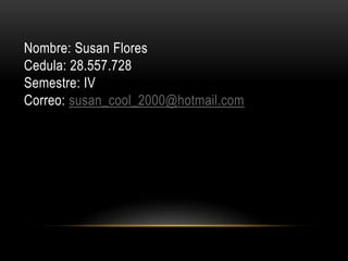 Nombre: Susan Flores
Cedula: 28.557.728
Semestre: IV
Correo: susan_cool_2000@hotmail.com
 