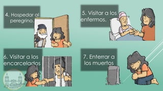 4. Hospedar al
peregrino.
5. Visitar a los
enfermos.
7. Enterrar a
los muertos
6. Visitar a los
encarcelados
 