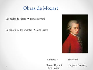 Obras de Mozart 
Las bodas de Figaro  Tomas Peyrani 
La escuela de los amantes  Dana Lopez 
Alumnos : Profesor : 
Tomas Peyrani Eugenia Brewer 
Dana Lopez 
 