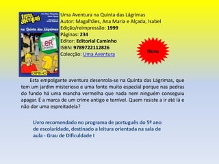 Olá, Eu Sou um Livro!Autor: Grácio, Rui Edição/reimpressão: 2008Páginas: 40Editor: Pé de Página EditoresISBN: 9789896140977       Nesta obra, o autor quer chamar a atenção para o livro enquanto objecto que pode ter um papel importante nas nossas vidas. A via que utilizada foi a da personificação, ou seja, dar voz a um livro infanto-juvenil que, saltando de uma prateleira numa livraria, acaba por entabular conversa com uma criança chamada Emília.     Livro destinado a leitura autónoma para alunos que ainda não adquiriram hábitos de leitura.Grau de dificuldade I