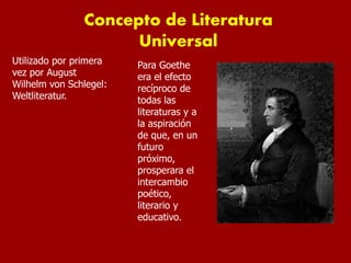 Concepto de Literatura
Universal
Utilizado por primera
vez por August
Wilhelm von Schlegel:
Weltliteratur.
Para Goethe
era el efecto
recíproco de
todas las
literaturas y a
la aspiración
de que, en un
futuro
próximo,
prosperara el
intercambio
poético,
literario y
educativo.
 
