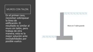 MUROS CON TALON.
En el primer caso,
necesitan sobrepasar
la línea de
edificación. El
resultado es similar al
muro sin talón, pero
trabaja de otra
manera; esta es la
mejor solución ante
inestabilidades por
posible vuelco.
 