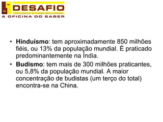 Hinduísmo : tem aproximadamente 850 milhões fiéis, ou 13% da população mundial. É praticado predominantemente na Índia. Budismo : tem mais de 300 milhões praticantes, ou 5,8% da população mundial. A maior concentração de budistas (um terço do total) encontra-se na China. 