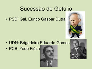 Sucessão de GetúlioPSD: Gal. Eurico Gaspar DutraUDN: Brigadeiro Eduardo GomesPCB: Yedo Fiúza