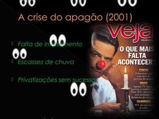  Falta de investimento
 Escassez de chuva
 Privatizações sem sucesso
 