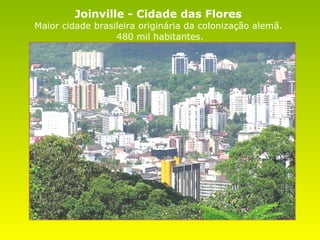Joinville - Cidade das Flores  Maior cidade brasileira originária da colonização alemã.  480 mil habitantes. 