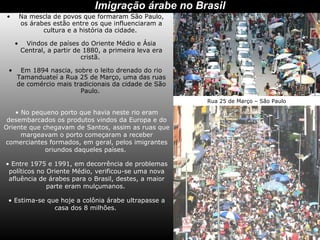 Na mescla de povos que formaram São Paulo, os árabes estão entre os que influenciaram a cultura e a história da cidade.  Vindos de países do Oriente Médio e Ásia Central, a partir de 1880, a primeira leva era cristã.  Em 1894 nascia, sobre o leito drenado do rio Tamanduateí a Rua 25 de Março, uma das ruas de comércio mais tradicionais da cidade de São Paulo.  Imigração árabe no Brasil No pequeno porto que havia neste rio eram desembarcados os produtos vindos da Europa e do Oriente que chegavam de Santos, assim as ruas que margeavam o porto começaram a receber comerciantes formados, em geral, pelos imigrantes oriundos daqueles países.  Entre 1975 e 1991, em decorrência de problemas políticos no Oriente Médio, verificou-se uma nova afluência de árabes para o Brasil, destes, a maior parte eram mulçumanos.  Estima-se que hoje a colônia árabe ultrapasse a casa dos 8 milhões.  Rua 25 de Março – São Paulo 