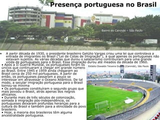 A partir década de 1930, o presidente brasileiro Getúlio Vargas criou uma lei que controlava a entrada de imigrantes no Brasil ("Lei de Cotas de Imigração"), à qual apenas os portugueses não estavam sujeitos. As várias décadas que durou o salazarismo contribuíram para uma grande vinda de portugueses para o Brasil. Essa imigração durou até meados da década de 1960. Presença portuguesa no Brasil Após a II Guerra Mundial, os portugueses foram os únicos que continuaram a chegar em grande número ao Brasil. Entre 1945 e 1959 ainda chegaram ao Brasil cerca de 250 mil portugueses. A partir de então, os portugueses passaram a pouco se interessar em atravessar o Oceano Atlântico. De tal modo, a secular imigração portuguesa para o Brasil tornou-se mínima Os portugueses constituíram o segundo grupo que mais povoou o Brasil, atrás apenas dos negros africanos. Durante mais de três séculos de colonização, somada à imigração pós-independência, os portugueses deixaram profundas heranças para a cultura do Brasil e também para a etnicidade do povo brasileiro. Hoje, a maioria dos brasileiros têm alguma ancestralidade portuguesa. Bairro do Canindé – São Paulo Estádio Oswaldo Teixeira Duarte (Canindé), São Paulo 