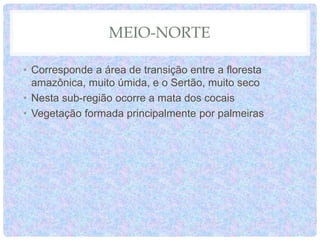 MEIO-NORTE
• Corresponde a área de transição entre a floresta
amazônica, muito úmida, e o Sertão, muito seco
• Nesta sub-região ocorre a mata dos cocais
• Vegetação formada principalmente por palmeiras
 