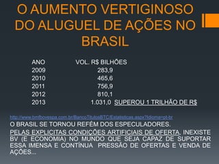 O AUMENTO VERTIGINOSO
DO ALUGUEL DE AÇÕES NO
BRASIL
ANO
2009
2010
2011
2012
2013

VOL. R$ BILHÕES
283,9
465,6
756,9
810,1
1.031,0 SUPEROU 1 TRILHÃO DE R$

http://www.bmfbovespa.com.br/BancoTitulosBTC/Estatisticas.aspx?Idioma=pt-br

O BRASIL SE TORNOU REFÉM DOS ESPECULADORES.
PELAS EXPLICITAS CONDIÇÕES ARTIFICIAIS DE OFERTA, INEXISTE
BV (E ECONOMIA) NO MUNDO QUE SEJA CAPAZ DE SUPORTAR
ESSA IMENSA E CONTÍNUA PRESSÃO DE OFERTAS E VENDA DE
AÇÕES...

 