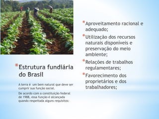 *
*Aproveitamento racional e
adequado;
*Utilização dos recursos
naturais disponíveis e
preservação do meio
ambiente;
*Relações de trabalhos
regulamentares;
*Favorecimento dos
proprietários e dos
trabalhadores;
A terra é um bem natural que deve ser
cumprir sua função social.
De acordo com a constituição federal
de 1988, essa função é alcançada
quando respeitada alguns requisitos:
 