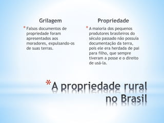 *Falsos documentos de
propriedade foram
apresentados aos
moradores, expulsando-os
de suas terras.
*A maioria dos pequenos
produtores brasileiros do
século passado não possuía
documentação da terra,
pois ele era herdada de pai
para filho, que sempre
tiveram a posse e o direito
de usá-la.
*
 