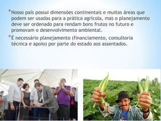 *Nosso país possui dimensões continentais e muitas áreas que
podem ser usadas para a prática agrícola, mas o planejamento
deve ser ordenado para rendam bons frutos no futuro e
promovam o desenvolvimento ambiental.
*É necessário planejamento (financiamento, consultoria
técnica e apoio) por parte do estado aos assentados.
 