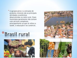 * A agropecuária e a extração de
produtos minerais são as principais
atividades econômicas
desenvolvidas no meio rural. Esses
municípios geralmente não contam
com serviços complexos,
principalmente no que se refere a
saúde, à educação e ao comércio.
*
 