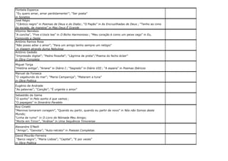 Florbela Espanca
“Eu quero amar, amar perdidamente!”; “Ser poeta”
in Sonetos
José Régio
“Cântico negro” in Poemas de Deus e do Diabo ; “O Papão” in As Encruzilhadas de Deus ; “Tenho ao cimo
da escada, de maneira” in Mas Deus É Grande
Vitorino Nemésio
“A concha”, “Five o’clock tea” in O Bicho Harmonioso ; “Meu coração é como um peixe cego” in Eu,
Comovido a Oeste
António Ramos Rosa
“Não posso adiar o amor”; “Para um amigo tenho sempre um relógio”
in Viagem através duma Nebulosa
António Gedeão
“Impressão digital”; “Pedra filosofal”; “Lágrima de preta”;“Poema do fecho éclair”
in Obra Completa
Miguel Torga
“História antiga”, “Ariane” in Diário I ; “Segredo” in Diário VIII ; “A espera” in Poemas Ibéricos
Manuel da Fonseca
“O vagabundo do mar”; “Maria Campaniça”; “Mataram a tuna”
in Obra Poética
Eugénio de Andrade
“As palavras”; “Canção”; “É urgente o amor”
Sebastião da Gama
“O sonho” in Pelo sonho é que vamos ;
“O papagaio” in Itinerário Paralelo
Ruy Cinatti
“Meninos tomaram coragem”, “Quando eu partir, quando eu partir de novo” in Nós não Somos deste
Mundo;
“Linha de rumo” in O Livro do Nómada Meu Amigo;
“Morte em Timor”, “Análise” in Uma Sequência Timorense
Alexandre O’Neill
“Amigo”; “Gaivota”; “Auto-retrato” in Poesias Completas
David Mourão-Ferreira
“Barco negro”; “Maria Lisboa”; “Capital”; “E por vezes”
in Obra Poética

 