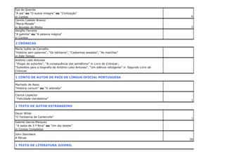 Eça de Queirós
“A aia” ou “O suave milagre” ou “Civilização”
in Contos
Camilo Castelo Branco
“Maria Moisés”
in Novelas do Minho
Vergílio Ferreira
“A galinha” ou “A palavra mágica”
in Contos

6

2

2 CRÓNICAS
Maria Judite de Carvalho
“História sem palavras”, “Os bárbaros”, “Castanhas assadas”, “As marchas”
in Este Tempo
António Lobo Antunes
“Elogio do subúrbio”, “A consequência dos semáforos” in Livro de Crónicas ;
“Subsídios para a biografia de António Lobo Antunes”, “Um silêncio refulgente” in Segundo Livro de
Crónicas

1 CONTO DE AUTOR DE PAÍS DE LÍNGUA OFICIAL PORTUGUESA
Machado de Assis
“História comum” ou “O alienista”
Clarice Lispector
“Felicidade clandestina”

1

1 TEXTO DE AUTOR ESTRANGEIRO
Oscar Wilde
“O Fantasma de Canterville”

1

Gabriel García Marquez
“A sesta de 3.ª feira” ou “Um dia destes”
in Contos Completos
John Steinbeck
A Pérola

1 TEXTO DE LITERATURA JUVENIL

26

 