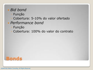 Bid bondFunçãoCobertura: 5-10% do valor ofertadoPerformance bondFunçãoCobertura: 100% do valor do contratoBonds©2008 Aldo Mattos Consulting. All Rights Reserved.