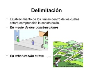 Delimitación
• Establecimiento de los límites dentro de los cuales
estará comprendida la construcción.
• En medio de dos construcciones
• En urbanización nueva ……
 