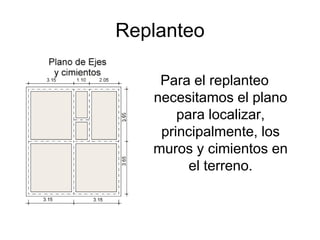 Replanteo
Para el replanteo
necesitamos el plano
para localizar,
principalmente, los
muros y cimientos en
el terreno.
 
