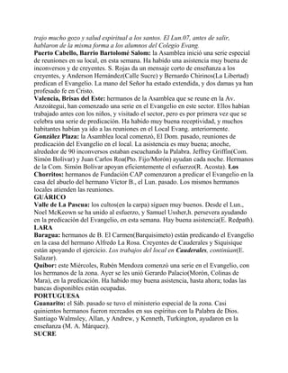 trajo mucho gozo y salud espiritual a los santos. El Lun.07, antes de salir,
hablaron de la misma forma a los alumnos del Colegio Evang.
Puerto Cabello, Barrio Bartolomé Salom: la Asamblea inició una serie especial
de reuniones en su local, en esta semana. Ha habido una asistencia muy buena de
inconversos y de creyentes. S. Rojas da un mensaje corto de enseñanza a los
creyentes, y Anderson Hernández(Calle Sucre) y Bernardo Chirinos(La Libertad)
predican el Evangelio. La mano del Señor ha estado extendida, y dos damas ya han
profesado fe en Cristo.
Valencia, Brisas del Este: hermanos de la Asamblea que se reune en la Av.
Anzoátegui, han comenzado una serie en el Evangelio en este sector. Ellos habían
trabajado antes con los niños, y visitado el sector, pero es por primera vez que se
celebra una serie de predicación. Ha habido muy buena receptividad, y muchos
habitantes habían ya ido a las reuniones en el Local Evang. anteriormente.
González Plaza: la Asamblea local comenzó, El Dom. pasado, reuniones de
predicación del Evangelio en el local. La asistencia es muy buena; anoche,
alrededor de 90 inconversos estaban escuchando la Palabra. Jeffrey Griffin(Com.
Simón Bolívar) y Juan Carlos Roa(Pto. Fijo/Morón) ayudan cada noche. Hermanos
de la Com. Simón Bolívar apoyan eficientemente el esfuerzo(R. Acosta). Los
Chorritos: hermanos de Fundación CAP comenzaron a predicar el Evangelio en la
casa del abuelo del hermano Víctor B., el Lun. pasado. Los mismos hermanos
locales atienden las reuniones.
GUÁRICO
Valle de La Pascua: los cultos(en la carpa) siguen muy buenos. Desde el Lun.,
Noel McKeown se ha unido al esfuerzo, y Samuel Ussher,h. persevera ayudando
en la predicación del Evangelio, en esta semana. Hay buena asistencia(E. Redpath).
LARA
Baragua: hermanos de B. El Carmen(Barquisimeto) están predicando el Evangelio
en la casa del hermano Alfredo La Rosa. Creyentes de Cauderales y Siquisique
están apoyando el ejercicio. Los trabajos del local en Cauderales, continúan(E.
Salazar).
Quíbor: este Miércoles, Rubén Mendoza comenzó una serie en el Evangelio, con
los hermanos de la zona. Ayer se les unió Gerardo Palacio(Morón, Colinas de
Mara), en la predicación. Ha habido muy buena asistencia, hasta ahora; todas las
bancas disponibles están ocupadas.
PORTUGUESA
Guanarito: el Sáb. pasado se tuvo el ministerio especial de la zona. Casi
quinientos hermanos fueron recreados en sus espíritus con la Palabra de Dios.
Santiago Walmsley, Allan, y Andrew, y Kenneth, Turkington, ayudaron en la
enseñanza (M. A. Márquez).
SUCRE
 