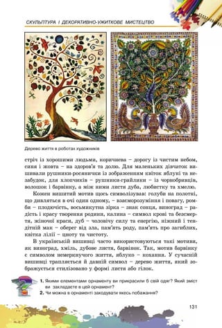 131
СКУЛЬПТУРА І ДЕКОРАТИВНО-УЖИТКОВЕ МИСТЕЦТВО
Äåðåâî æèòòÿ â ðîáîòàõ õóäîæíèê³â
ñòðі÷ іç õîðîøèìè ëþäüìè, êîðè÷íåâà – äîðîãó іç ÷èñòèì íåáîì,
ñèíÿ і æîâòà – íà çäîðîâ’ÿ òà äîëþ. Äëÿ ìàëåíüêèõ äіâ÷àòîê âè-
øèâàëè ðóøíèêè-ðîñÿíè÷êè іç çîáðàæåííÿì êâіòîê ÿáëóíі òà íå-
çàáóäîê, äëÿ õëîï÷èêіâ – ðóøíèêè-ãðàéëèêè – іç ÷îðíîáðèâöіâ,
âîëîøîê і áàðâіíêó, à ìіæ íèìè ëèñòÿ äóáà, ëþáèñòêó òà õìåëþ.
Êîæåí âèøèòèé ìîòèâ ùîñü ñèìâîëіçóâàâ: ãîëóáè íà ïîëîòíі,
ùî äèâëÿòüñÿ â î÷і îäèí îäíîìó, – âçàєìîðîçóìіííÿ і ïîâàãó, ðîì-
áè – ïëîäþ÷іñòü, âîñüìèêóòíà çіðêà – çíàê ñîíöÿ, âèíîãðàä – ðà-
äіñòü і êðàñó òâîðåííÿ ðîäèíè, êàëèíà – ñèìâîë êðîâі òà áåçñìåð-
òÿ, æіíî÷îї êðàñè, äóá – ÷îëîâі÷ó ñèëó òà åíåðãіþ, íіæíèé і òåí-
äіòíіé ìàê – îáåðåã âіä çëà, ïàì’ÿòü ðîäó, ïàì’ÿòü ïðî çàãèáëèõ,
êâіòêà ëіëії – öíîòó òà ÷èñòîòó.
Â óêðàїíñüêіé âèøèâöі ÷àñòî âèêîðèñòîâóþòüñÿ òàêі ìîòèâè,
ÿê âèíîãðàä, õìіëü, äóáîâå ëèñòÿ, áàðâіíîê. Òàê, ìîòèâ áàðâіíêó
є ñèìâîëîì íåìåðêíó÷îãî æèòòÿ, ÿáëóêî – êîõàííÿ. Ó ñó÷àñíіé
âèøèâöі òðàïëÿєòüñÿ é äàâíіé ñèìâîë – äåðåâî æèòòÿ, ÿêèé çî-
áðàæóєòüñÿ ñòèëіçîâàíî ó ôîðìі ëèñòÿ àáî ãіëîê.
1. ßêèìè åëåìåíòàìè îðíàìåíòó âè ïðèêðàñèëè á ñâ³é îäÿã? ßêèé çì³ñò
âè çàêëàäàºòå â öåé îðíàìåíò?
2. ×è ìîæíà â îðíàìåíò³ çàêîäóâàòè ÿêåñü ïîáàæàííÿ?
 