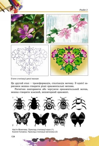 134
Розділ 3
Öå äðóãèé åòàï – òðàíñôîðìàöіÿ, ñòèëіçàöіÿ ìîòèâó. Ç îäíієї çà-
ðèñîâêè ìîæíà ñòâîðèòè ðіçíі îðíàìåíòàëüíі ìîòèâè.
Ðèòìі÷íî ïîâòîðþþ÷è àáî ÷åðãóþ÷è îðíàìåíòàëüíèé ìîòèâ,
ìîæíà ñòâîðèòè âëàñíèé, íåïîâòîðíèé îðíàìåíò.
Íàñòÿ Ôîì³÷åâà. Ïðèêëàä ñòèë³çàö³¿ æóêà (1).
Êñåí³ÿ Ãîëîâ³íà. Ïðèêëàä ñòèë³çàö³¿ ìåòåëèêà (2)
Åòàïè ñòèë³çàö³¿ äèêî¿ ìàëüâè
1
2
 