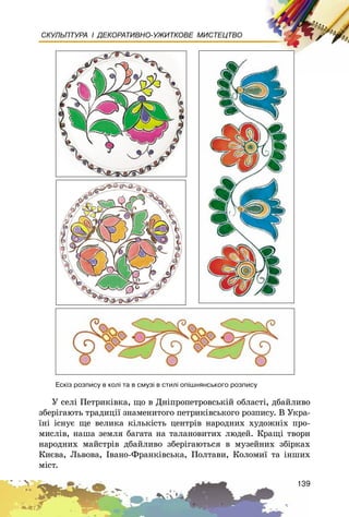 139
СКУЛЬПТУРА І ДЕКОРАТИВНО-УЖИТКОВЕ МИСТЕЦТВО
Åñê³ç ðîçïèñó â êîë³ òà â ñìóç³ â ñòèë³ îï³øíÿíñüêîãî ðîçïèñó
Ó ñåëі Ïåòðèêіâêà, ùî â Äíіïðîïåòðîâñüêіé îáëàñòі, äáàéëèâî
çáåðіãàþòü òðàäèöії çíàìåíèòîãî ïåòðèêіâñüêîãî ðîçïèñó. Â Óêðà-
їíі іñíóє ùå âåëèêà êіëüêіñòü öåíòðіâ íàðîäíèõ õóäîæíіõ ïðî-
ìèñëіâ, íàøà çåìëÿ áàãàòà íà òàëàíîâèòèõ ëþäåé. Êðàùі òâîðè
íàðîäíèõ ìàéñòðіâ äáàéëèâî çáåðіãàþòüñÿ â ìóçåéíèõ çáіðêàõ
Êèєâà, Ëüâîâà, Іâàíî-Ôðàíêіâñüêà, Ïîëòàâè, Êîëîìèї òà іíøèõ
ìіñò.
 