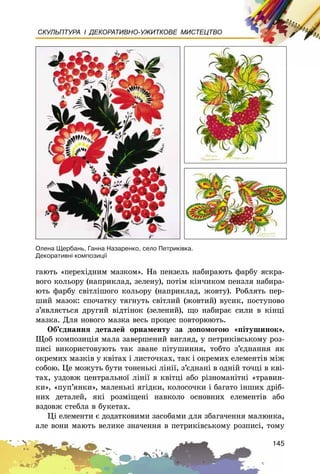 145
СКУЛЬПТУРА І ДЕКОРАТИВНО-УЖИТКОВЕ МИСТЕЦТВО
ãàþòü «ïåðåõіäíèì ìàçêîì». Íà ïåíçåëü íàáèðàþòü ôàðáó ÿñêðà-
âîãî êîëüîðó (íàïðèêëàä, çåëåíó), ïîòіì êіí÷èêîì ïåíçëÿ íàáèðà-
þòü ôàðáó ñâіòëіøîãî êîëüîðó (íàïðèêëàä, æîâòó). Ðîáëÿòü ïåð-
øèé ìàçîê: ñïî÷àòêó òÿãíóòü ñâіòëèé (æîâòèé) âóñèê, ïîñòóïîâî
ç’ÿâëÿєòüñÿ äðóãèé âіäòіíîê (çåëåíèé), ùî íàáèðàє ñèëè â êіíöі
ìàçêà. Äëÿ íîâîãî ìàçêà âåñü ïðîöåñ ïîâòîðþþòü.
Îá’єäíàííÿ äåòàëåé îðíàìåíòó çà äîïîìîãîþ «ïіòóøèíîê».
Ùîá êîìïîçèöіÿ ìàëà çàâåðøåíèé âèãëÿä, ó ïåòðèêіâñüêîìó ðîç-
ïèñі âèêîðèñòîâóþòü òàê çâàíå ïіòóøèííÿ, òîáòî ç’єäíàííÿ ÿê
îêðåìèõ ìàçêіâ ó êâіòàõ і ëèñòî÷êàõ, òàê і îêðåìèõ åëåìåíòіâ ìіæ
ñîáîþ. Öå ìîæóòü áóòè òîíåíüêі ëіíії, ç’єäíàíі â îäíіé òî÷öі â êâі-
òàõ, óçäîâæ öåíòðàëüíîї ëіíії â êâіòöі àáî ðіçíîìàíіòíі «òðàâèí-
êè», «ïóï’ÿíêè», ìàëåíüêі ÿãіäêè, êîëîñî÷êè і áàãàòî іíøèõ äðіá-
íèõ äåòàëåé, ÿêі ðîçìіùåíі íàâêîëî îñíîâíèõ åëåìåíòіâ àáî
âçäîâæ ñòåáëà â áóêåòàõ.
Öі åëåìåíòè є äîäàòêîâèìè çàñîáàìè äëÿ çáàãà÷åííÿ ìàëþíêà,
àëå âîíè ìàþòü âåëèêå çíà÷åííÿ â ïåòðèêіâñüêîìó ðîçïèñі, òîìó
Îëåíà Ùåðáàíü, Ãàííà Íàçàðåíêî, ñåëî Ïåòðèê³âêà.
Äåêîðàòèâí³ êîìïîçèö³¿
 