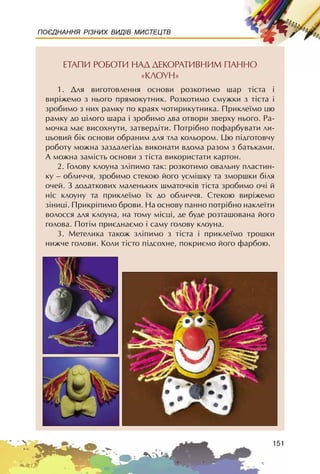 151
ПОЄДНАННЯ РІЗНИХ ВИДІВ МИСТЕЦТВ
ÅÒÀÏÈ ÐÎÁÎÒÈ ÍÀÄ ÄÅÊÎÐÀÒÈÂÍÈÌ ÏÀÍÍÎ
«ÊËÎÓÍ»
1. Äëÿ âèãîòîâëåííÿ îñíîâè ðîçêîòèìî øàð ò³ñòà ³
âèð³æåìî ç íüîãî ïðÿìîêóòíèê. Ðîçêîòèìî ñìóæêè ç ò³ñòà ³
çðîáèìî ç íèõ ðàìêó ïî êðàÿõ ÷îòèðèêóòíèêà. Ïðèêëå¿ìî öþ
ðàìêó äî ö³ëîãî øàðà ³ çðîáèìî äâà îòâîðè çâåðõó íüîãî. Ðà-
ìî÷êà ìàº âèñîõíóòè, çàòâåðä³òè. Ïîòð³áíî ïîôàðáóâàòè ëè-
öüîâèé áiê îñíîâè îáðàíèì äëÿ òëà êîëüîðîì. Öþ ï³äãîòîâ÷ó
ðîáîòó ìîæíà çàçäàëåã³äü âèêîíàòè âäîìà ðàçîì ç áàòüêàìè.
À ìîæíà çàì³ñòü îñíîâè ç ò³ñòà âèêîðèñòàòè êàðòîí.
2. Ãîëîâó êëîóíà çë³ïèìî òàê: ðîçêîòèìî îâàëüíó ïëàñòèí-
êó – îáëè÷÷ÿ, çðîáèìî ñòåêîþ éîãî óñì³øêó òà çìîðøêè á³ëÿ
î÷åé. Ç äîäàòêîâèõ ìàëåíüêèõ øìàòî÷ê³â ò³ñòà çðîáèìî î÷³ é
í³ñ êëîóíó òà ïðèêëå¿ìî ¿õ äî îáëè÷÷ÿ. Ñòåêîþ âèð³æåìî
ç³íèö³. Ïðèêð³ïèìî áðîâè. Íà îñíîâó ïàííî ïîòðiáíî íàêëå¿òè
âîëîññÿ äëÿ êëîóíà, íà òîìó ì³ñö³, äå áóäå ðîçòàøîâàíà éîãî
ãîëîâà. Ïîò³ì ïðèºäíàºìî ³ ñàìó ãîëîâó êëîóíà.
3. Ìåòåëèêà òàêîæ çë³ïèìî ç ò³ñòà ³ ïðèêëå¿ìî òðîøêè
íèæ÷å ãîëîâè. Êîëè ò³ñòî ï³äñîõíå, ïîêðèºìî éîãî ôàðáîþ.
 