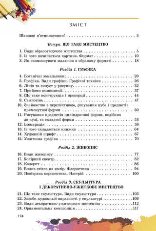 174
Ç Ì I Ñ Ò
Øàíîâíі ï’ÿòèêëàñíèêè! . . . . . . . . . . . . . . . . . . . . . . . . . . . 3
Âñòóï. ÙÎ ÒÀÊÅ ÌÈÑÒÅÖÒÂÎ
1. Âèäè îáðàçîòâîð÷îãî ìèñòåöòâà . . . . . . . . . . . . . . . . . . . . 5
2. Іç ÷îãî ïî÷èíàєòüñÿ êàðòèíà. Ôîðìàò . . . . . . . . . . . . . . . 10
3. ßê ñêîìïîíóâàòè ìàëþíîê â îáðàíîìó ôîðìàòі . . . . . . . . 18
Ðîçäіë 1. ÃÐÀÔІÊÀ
4. Áîòàíі÷íі çàìàëüîâêè. . . . . . . . . . . . . . . . . . . . . . . . . . 20
5. Ãðàôіêà. Âèäè ãðàôіêè. Ãðàôі÷íі òåõíіêè . . . . . . . . . . . . 26
6. Ëіíіÿ òà ñèëóåò ó ðèñóíêó. . . . . . . . . . . . . . . . . . . . . . . 32
7. Ïðèéîìè êîìïîçèöії. . . . . . . . . . . . . . . . . . . . . . . . . . . 37
8. Ùî òàêå êîíñòðóêöіÿ і ïðîïîðöії . . . . . . . . . . . . . . . . . . 44
9. Ñâіòëîòіíü . . . . . . . . . . . . . . . . . . . . . . . . . . . . . . . . . . 47
10. Çíàéîìñòâî ç ïåðñïåêòèâîþ, ðèñóâàííÿ êóáà і ïðåäìåòіâ
ïðÿìîêóòíîї ôîðìè . . . . . . . . . . . . . . . . . . . . . . . . . . . 50
11. Ðèñóâàííÿ ïðåäìåòіâ öèëіíäðè÷íîї ôîðìè, ïîäіáíèõ
äî êóëі, òà ñêëàäíîї ôîðìè . . . . . . . . . . . . . . . . . . . . . . 53
12. Іëþñòðàöіÿ . . . . . . . . . . . . . . . . . . . . . . . . . . . . . . . . . 59
13. Іç ÷îãî ñêëàäàєòüñÿ êíèæêà . . . . . . . . . . . . . . . . . . . . . 64
14. Õóäîæíіé øðèôò . . . . . . . . . . . . . . . . . . . . . . . . . . . . . 67
15. Óæèòêîâà ãðàôіêà . . . . . . . . . . . . . . . . . . . . . . . . . . . . 70
Ðîçäіë 2. ÆÈÂÎÏÈÑ
16. Âèäè æèâîïèñó . . . . . . . . . . . . . . . . . . . . . . . . . . . . . . 77
17. Êîëіðíèé ñïåêòð. . . . . . . . . . . . . . . . . . . . . . . . . . . . . . 82
18. Êîëîðèò . . . . . . . . . . . . . . . . . . . . . . . . . . . . . . . . . . . 86
19. Âïëèâ ñâіòëà íà êîëіð. Ôëîðèñòèêà . . . . . . . . . . . . . . . . 94
20. Ïîâіòðÿíà ïåðñïåêòèâà. Íàñòðіé . . . . . . . . . . . . . . . . . 100
Ðîçäіë 3. ÑÊÓËÜÏÒÓÐÀ
І ÄÅÊÎÐÀÒÈÂÍÎ-ÓÆÈÒÊÎÂÅ ÌÈÑÒÅÖÒÂÎ
21. Ùî òàêå ñêóëüïòóðà. Âèäè ñêóëüïòóðè. . . . . . . . . . . . . .103
22. Çàñîáè õóäîæíüîї âèðàçíîñòі ó ñêóëüïòóðі . . . . . . . . . . .109
23. Âèäè äåêîðàòèâíî-óæèòêîâîãî ìèñòåöòâà . . . . . . . . . . . .112
24. Îðíàìåíòàëüíà êîìïîçèöіÿ . . . . . . . . . . . . . . . . . . . . . .117
 