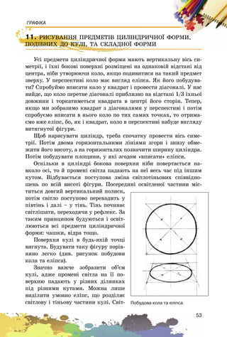 53
ГРАФІКА
11. ÐÈÑÓÂÀÍÍß ÏÐÅÄÌÅÒІÂ ÖÈËІÍÄÐÈ×ÍÎЇ ÔÎÐÌÈ,
ÏÎÄІÁÍÈÕ ÄÎ ÊÓËІ, ÒÀ ÑÊËÀÄÍÎЇ ÔÎÐÌÈ
Óñі ïðåäìåòè öèëіíäðè÷íîї ôîðìè ìàþòü âåðòèêàëüíó âіñü ñè-
ìåòðії, і їõíі áîêîâі ïîâåðõíі ðîçìіùåíі íà îäíàêîâіé âіäñòàíі âіä
öåíòðà, íіáè óòâîðþþ÷è êîëî, ÿêùî ïîäèâèòèñÿ íà òàêèé ïðåäìåò
çâåðõó. Ó ïåðñïåêòèâі êîëî ìàє âèãëÿä åëіïñà. ßê éîãî ïîáóäóâà-
òè? Ñïðîáóéìî âïèñàòè êîëî ó êâàäðàò і ïðîâåñòè äіàãîíàëі. Ó íàñ
âèéäå, ùî êîëî ïåðåòíå äіàãîíàëі ïðèáëèçíî íà âіäñòàíі 1/3 їõíüîї
äîâæèíè і òîðêàòèìåòüñÿ êâàäðàòà â öåíòðі éîãî ñòîðіí. Òåïåð,
ÿêùî ìè çîáðàçèìî êâàäðàò ç äіàãîíàëÿìè ó ïåðñïåêòèâі і ïîòіì
ñïðîáóєìî âïèñàòè â íüîãî êîëî ïî òèõ ñàìèõ òî÷êàõ, òî îòðèìà-
єìî âæå åëіïñ, áî, ÿê і êâàäðàò, êîëî â ïåðñïåêòèâі íàáóäå âèãëÿäó
âèòÿãíóòîї ôіãóðè.
Ùîá íàðèñóâàòè öèëіíäð, òðåáà ñïî÷àòêó ïðîâåñòè âіñü ñèìå-
òðії. Ïîòіì äâîìà ãîðèçîíòàëüíèìè ëіíіÿìè çãîðè і çíèçó îáìå-
æèòè éîãî âèñîòó, à íà ãîðèçîíòàëÿõ ïîçíà÷èòè øèðèíó öèëіíäðà.
Ïîòіì ïîáóäóâàòè ïëîùèíè, ó ÿêі çãîäîì «âïèñàòè» åëіïñè.
Îñêіëüêè â öèëіíäðі áîêîâà ïîâåðõíÿ íіáè ïîâåðòàєòüñÿ íà-
âêîëî îñі, òî é ïðîìåíі ñâіòëà ïàäàþòü íà íåї âåñü ÷àñ ïіä іíøèì
êóòîì. Âіäáóâàєòüñÿ ïîñòóïîâà çìіíà ñâіòëîòіíüîâèõ ñïіââіäíî-
øåíü ïî âñіé âèñîòі ôіãóðè. Ïîñåðåäèíі îñâіòëåíîї ÷àñòèíè ìіñ-
òèòüñÿ äîâãèé âåðòèêàëüíèé ïîëèñê,
ïîòіì ñâіòëî ïîñòóïîâî ïåðåõîäèòü ó
ïіâòіíü і äàëі – ó òіíü. Òіíü ïî÷èíàє
ñâіòëіøàòè, ïåðåõîäÿ÷è ó ðåôëåêñ. Çà
òàêèì ïðèíöèïîì áóäóþòüñÿ і îñâіò-
ëþþòüñÿ âñі ïðåäìåòè öèëіíäðè÷íîї
ôîðìè: ÷àøêè, âіäðà òîùî.
Ïîâåðõíÿ êóëі â áóäü-ÿêіé òî÷öі
âèãíóòà. Áóäóâàòè òàêó ôіãóðó ïîðіâ-
íÿíî ëåãêî (äèâ. ðèñóíîê ïîáóäîâè
êîëà òà åëіïñà).
Çíà÷íî âàæ÷å çîáðàçèòè îá’єì
êóëі, àäæå ïðîìåíі ñâіòëà íà її ïî-
âåðõíþ ïàäàþòü ó ðіçíèõ äіëÿíêàõ
ïіä ðіçíèìè êóòàìè. Ìîæíà ëèøå
âèäіëèòè óìîâíî åëіïñ, ùî ðîçäіëÿє
ñâіòëîâó і òіíüîâó ÷àñòèíè êóëі. Ñâіò-
11. ÐÈÑÓÂÀÍÍß ÏÐÅÄÌÅÒІÂ ÖÈËІÍÄÐÈ×ÍÎЇ ÔÎÐÌÈ,
ÏÎÄІÁÍÈÕ ÄÎ ÊÓËІ, ÒÀ ÑÊËÀÄÍÎЇ ÔÎÐÌÈ
Ïîáóäîâà êîëà òà åë³ïñà
 